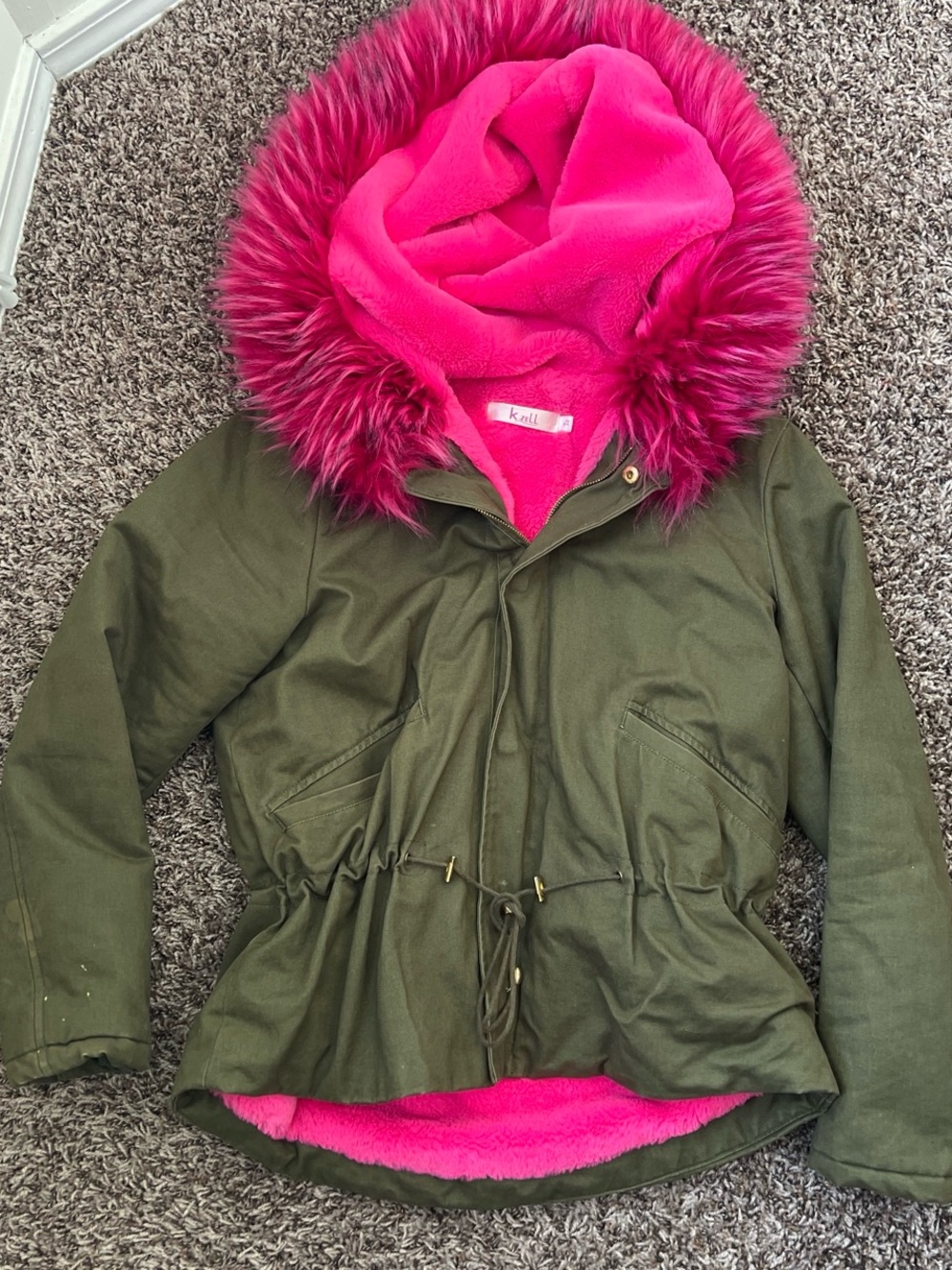 Olive Green Parka with Hot Pink Faux Fur Hood